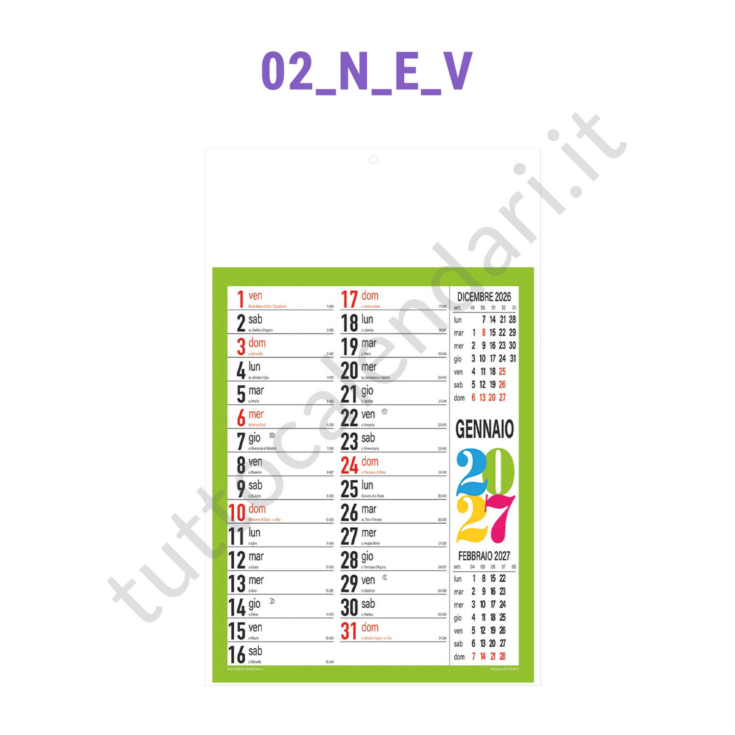 Calendario olandese commerciale verde Stampa calendario commerciale da muro
