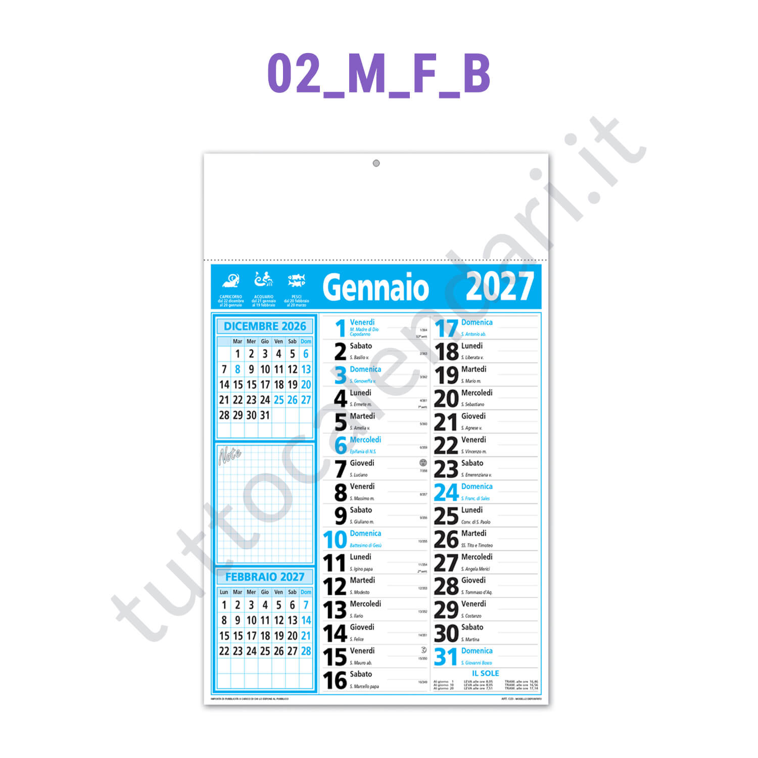 Calendario mensile commerciale azzurro con note Stampa calendario commerciale da parete con note