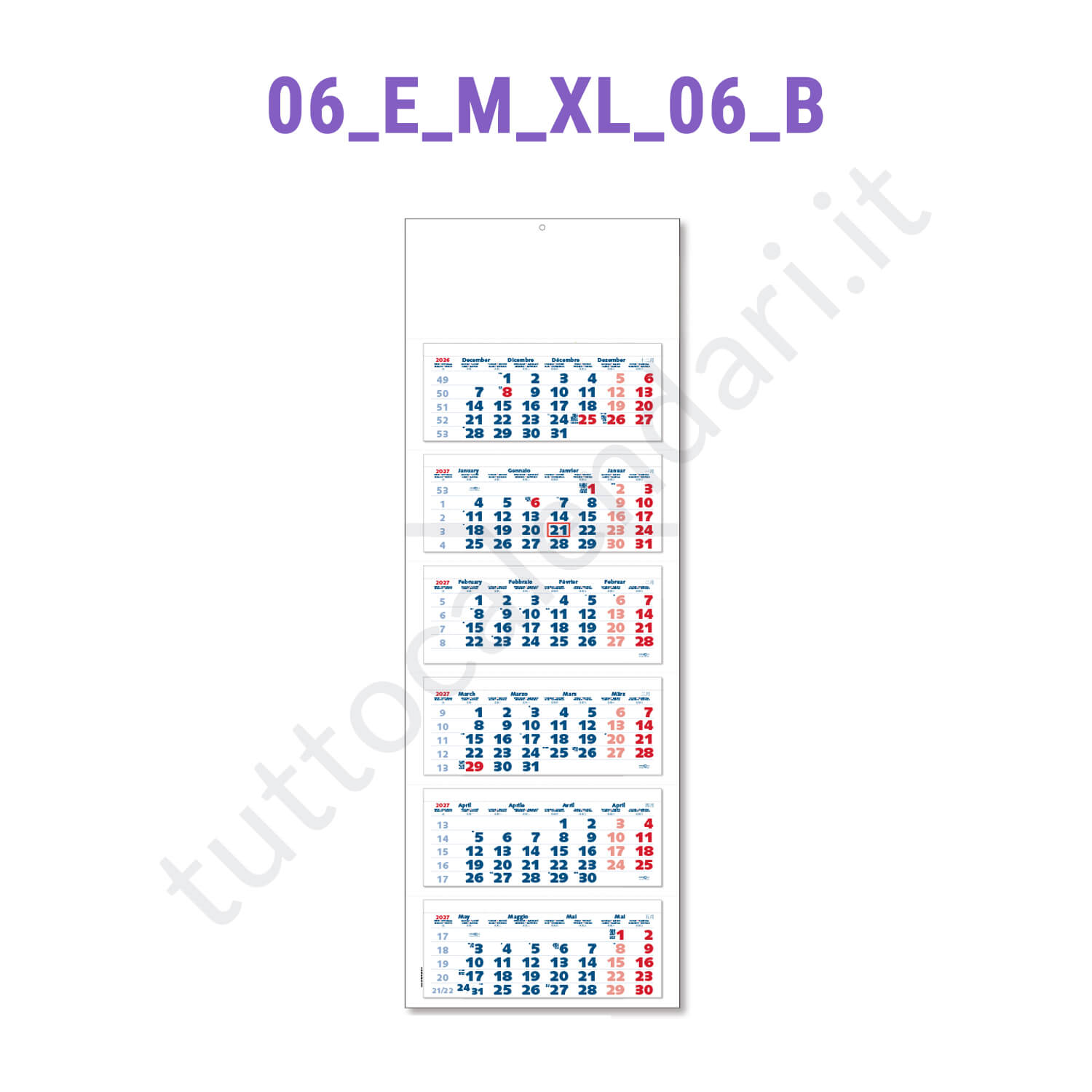 Calendario da parete composto da sei blocchi - blu/rosso Stampa calendario da muro a sei blocchi