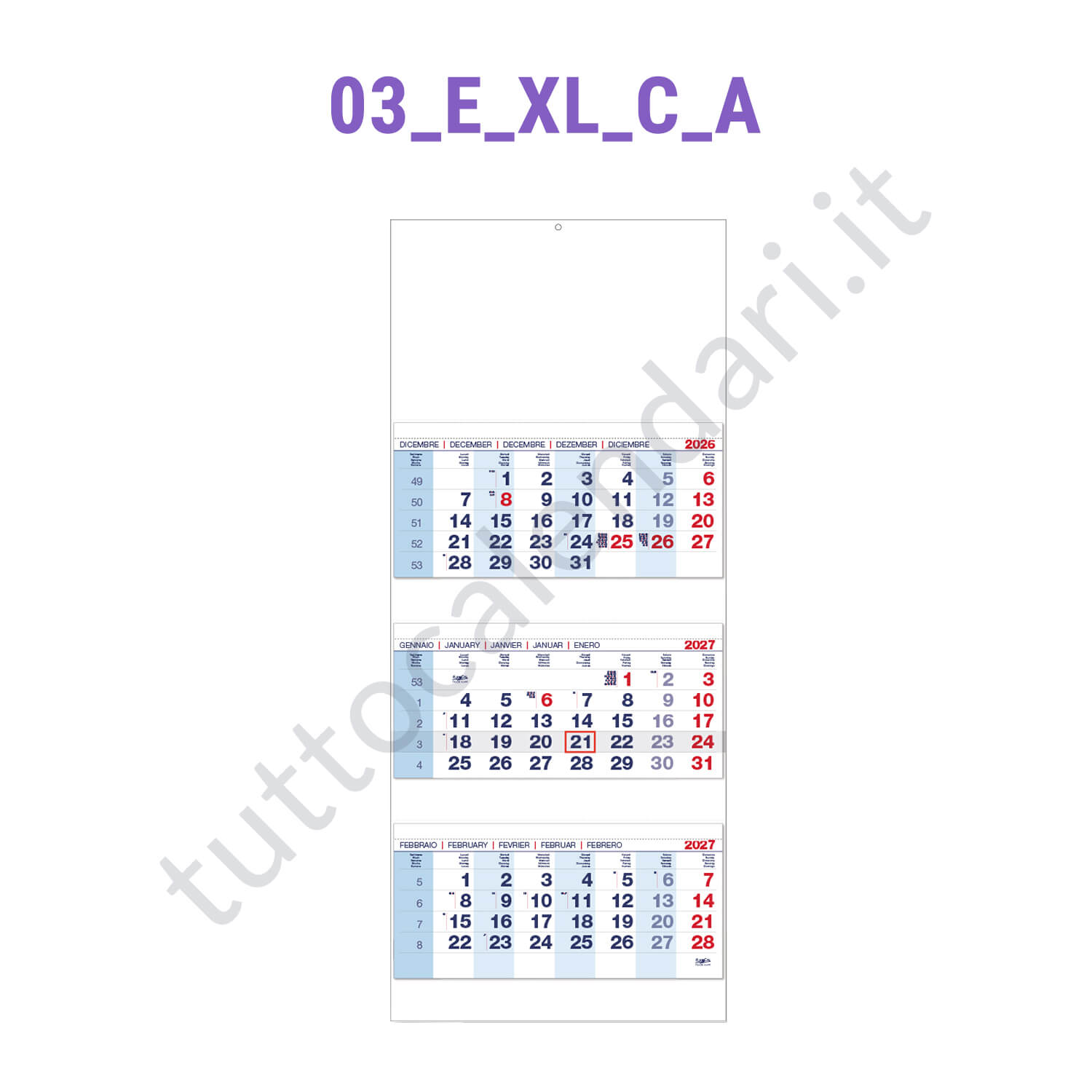 Calendario trittico azzurro - grafica A Stampa calendario trittico da muro