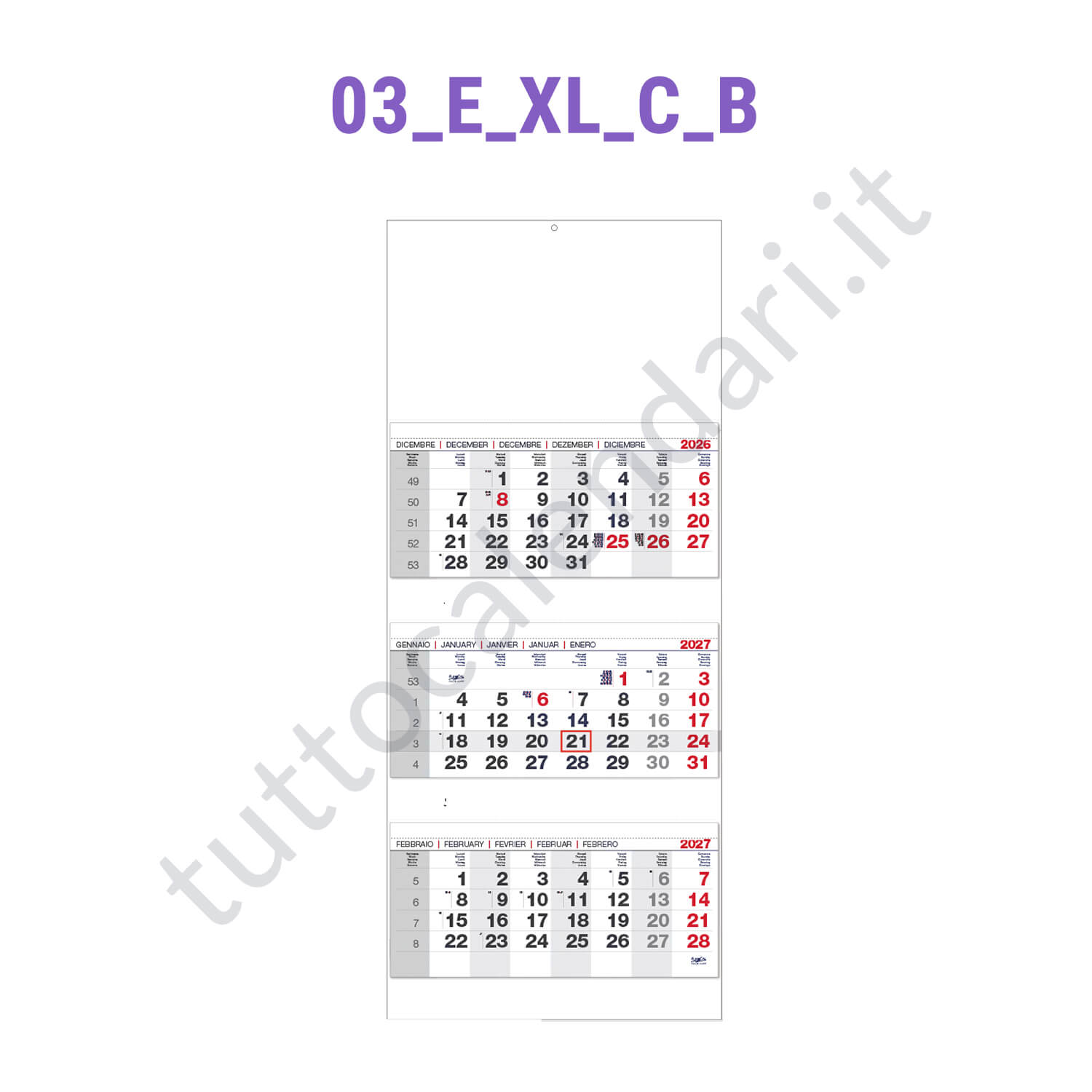 Calendario trittico rosso - grafica B Stampa calendario trittico da muro