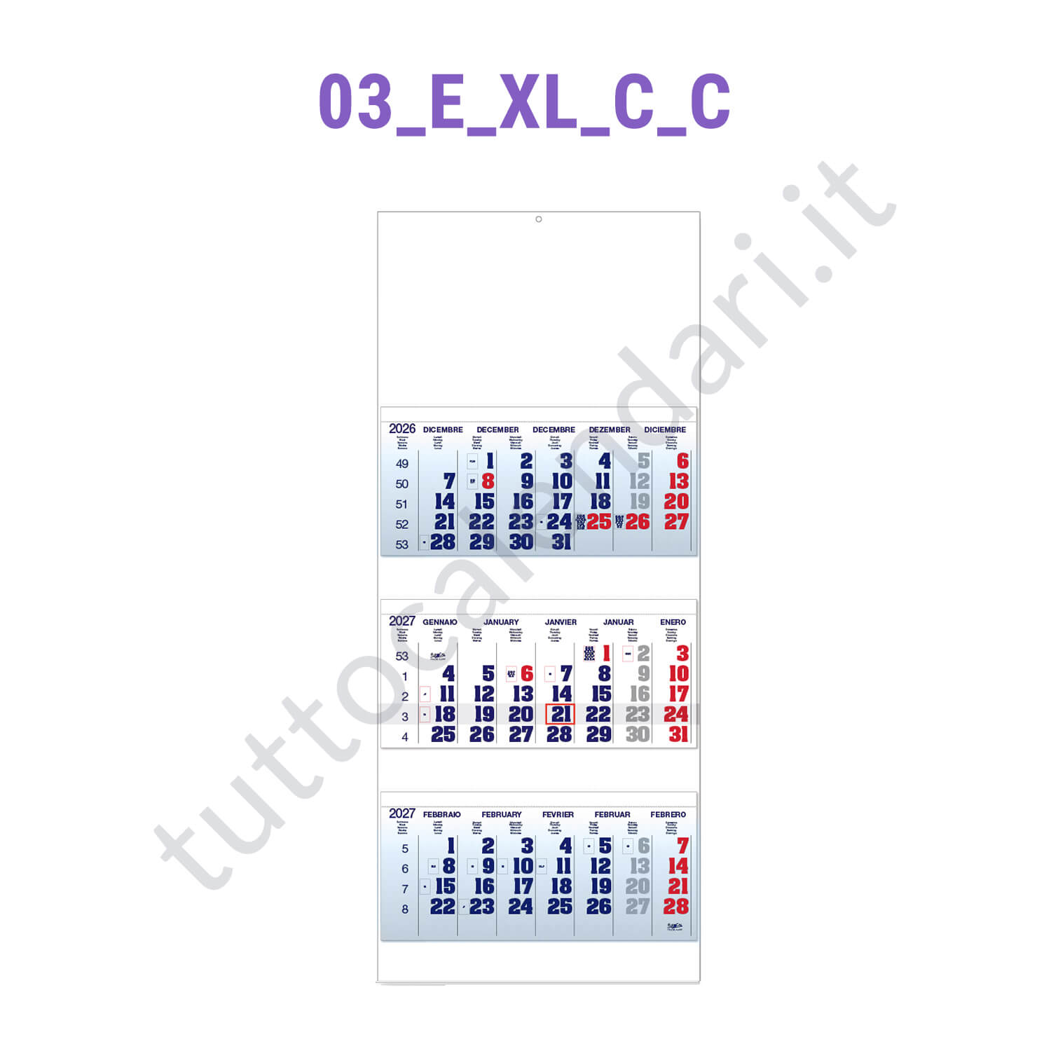 Calendario trittico azzurro - grafica C Stampa calendario trittico da muro