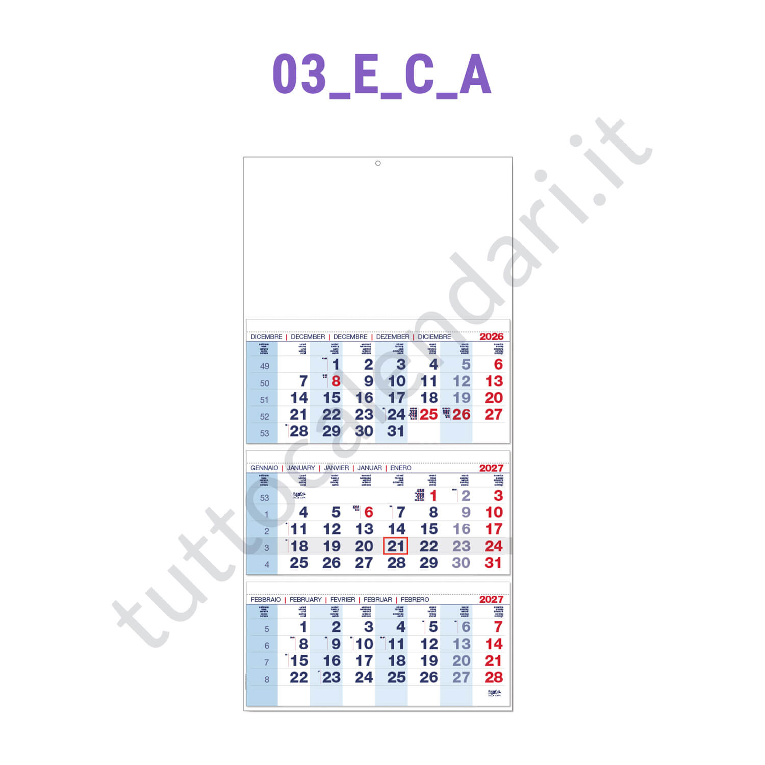 Calendario trittico senza interspazi blu/rosso Stampa calendario trittico da parete