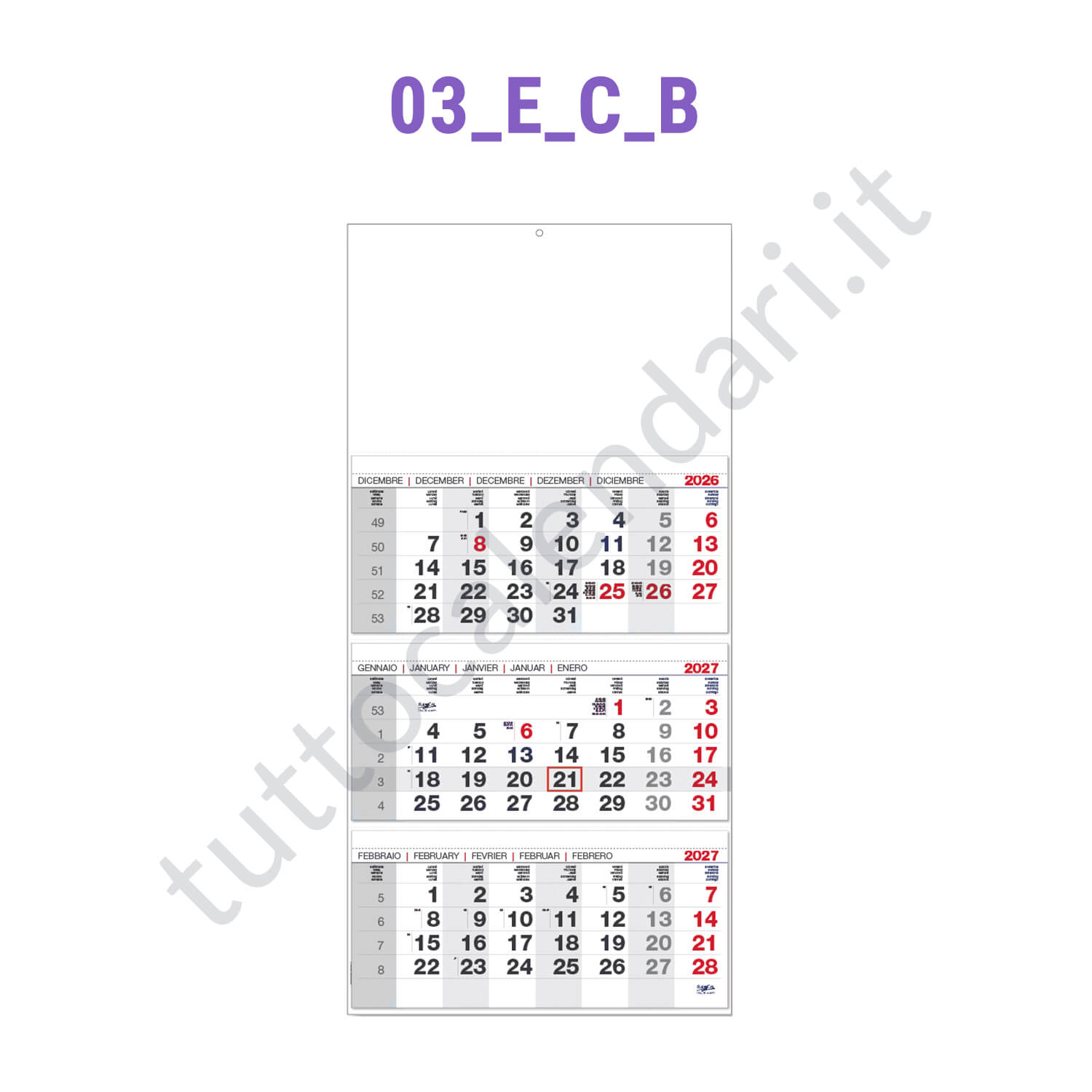 Calendario trittico senza interspazi nero/rosso Stampa calendario trittico da parete