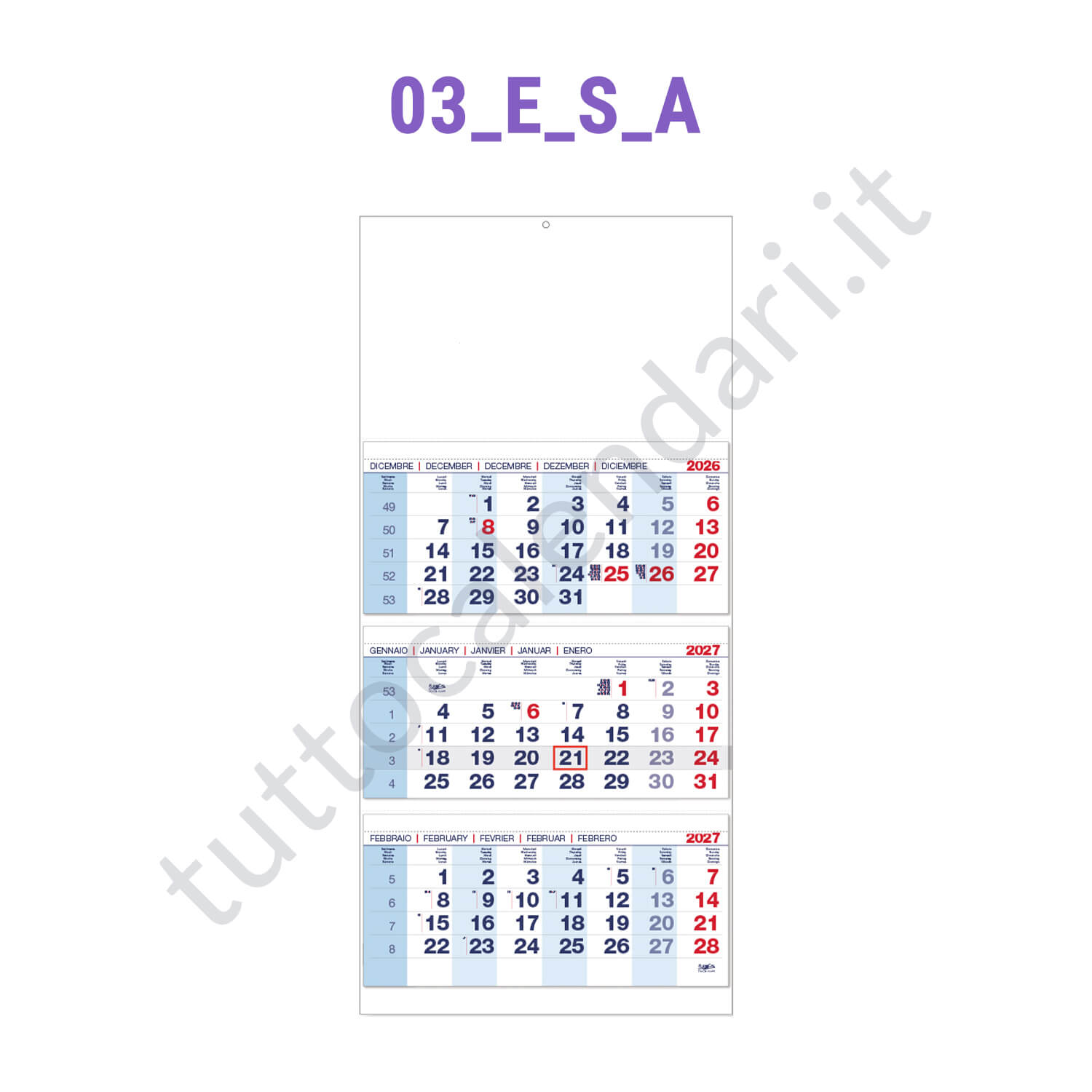 Calendario trittico senza interspazi blu/rosso Stampa calendario trittico da parete