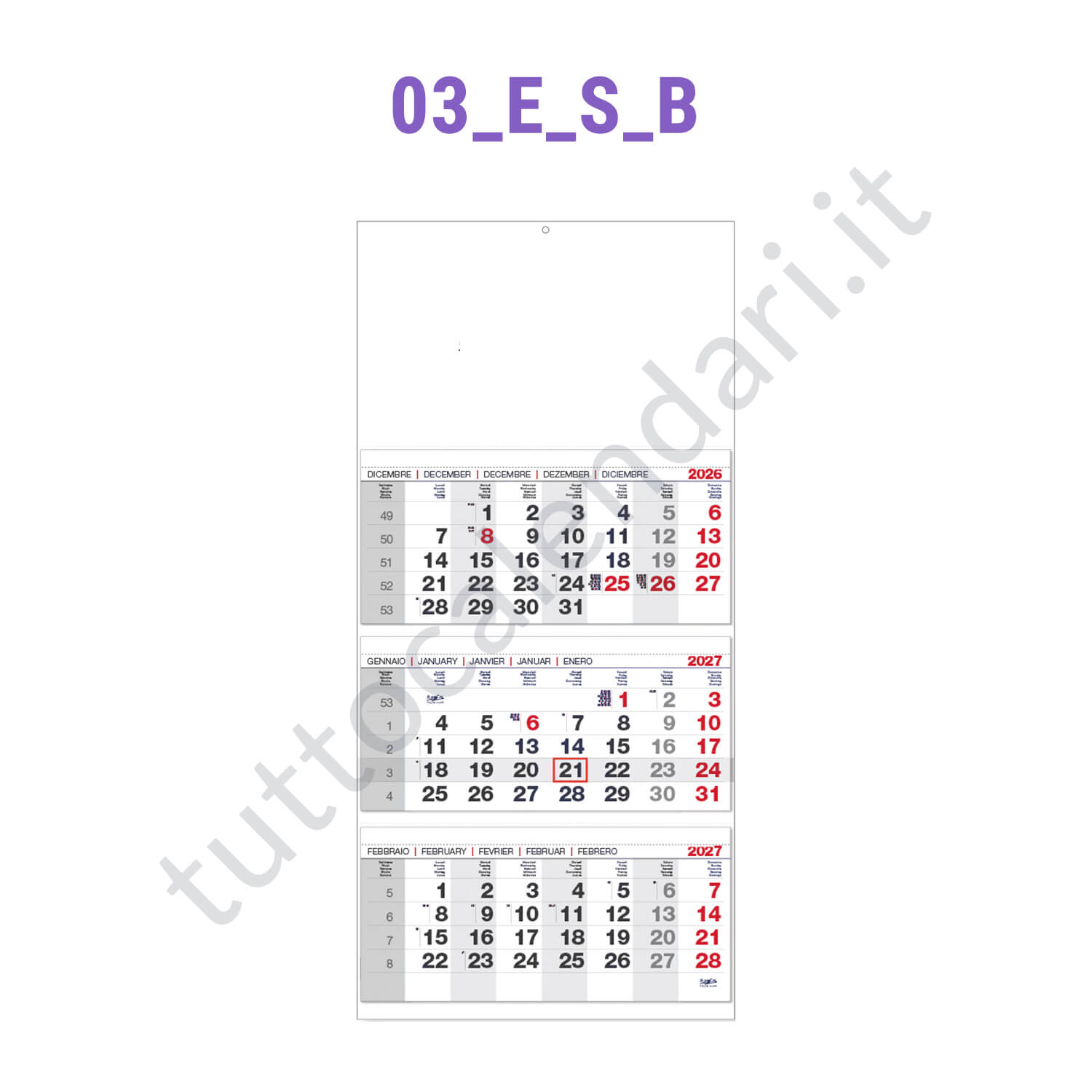 Calendario trittico senza interspazi nero/rosso Stampa calendario trittico da parete