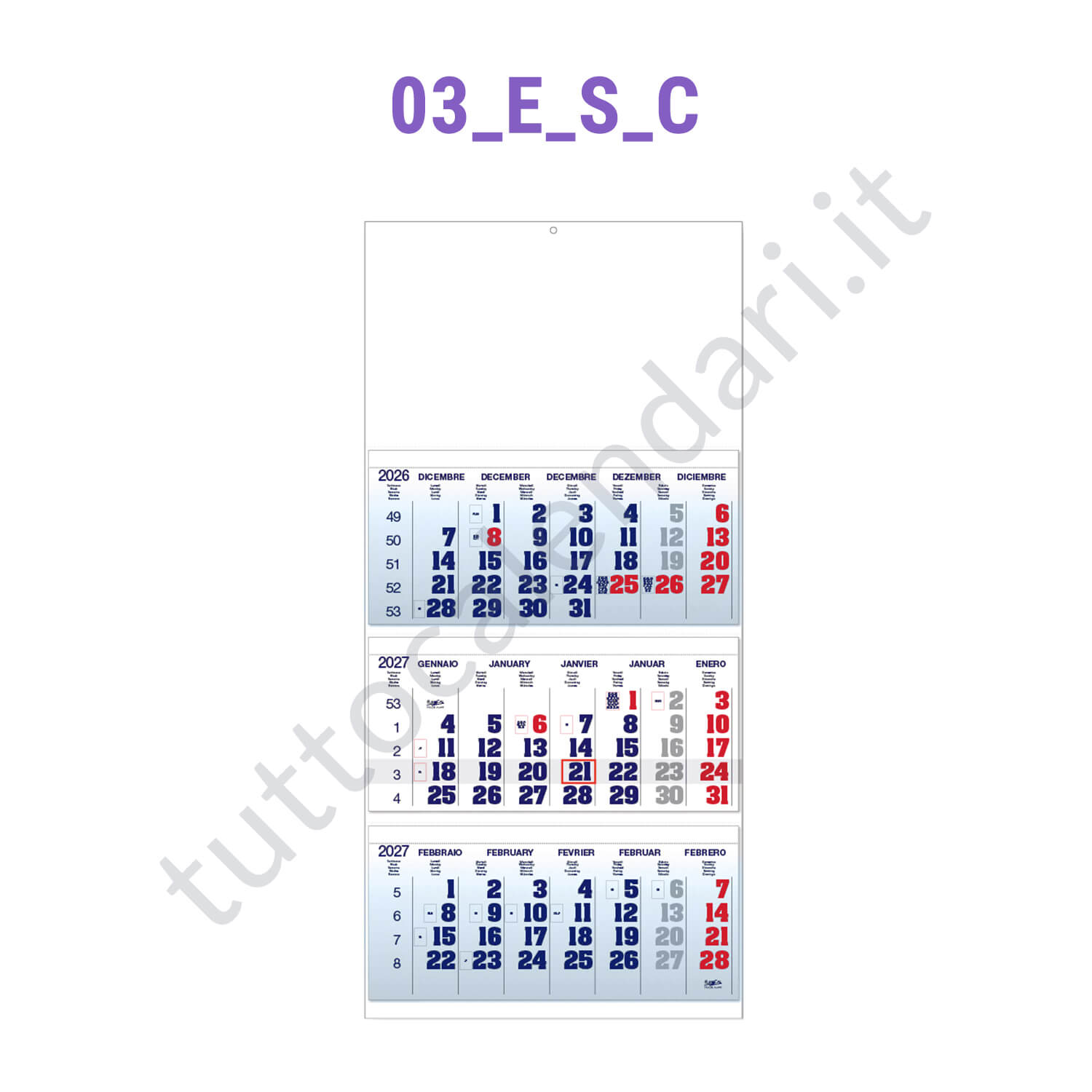 Calendario trittico senza interspazi blu/rosso Stampa calendario trittico da parete